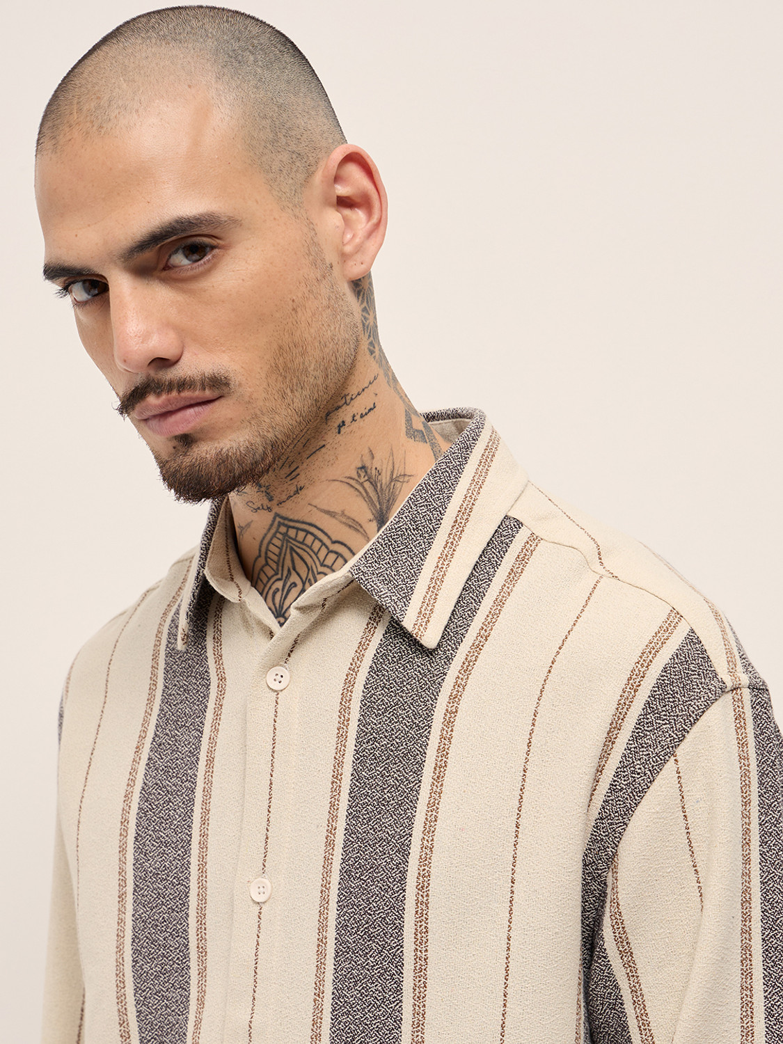 Image of THE BEAR HOUSE Men Striped Casual Cream Shirt