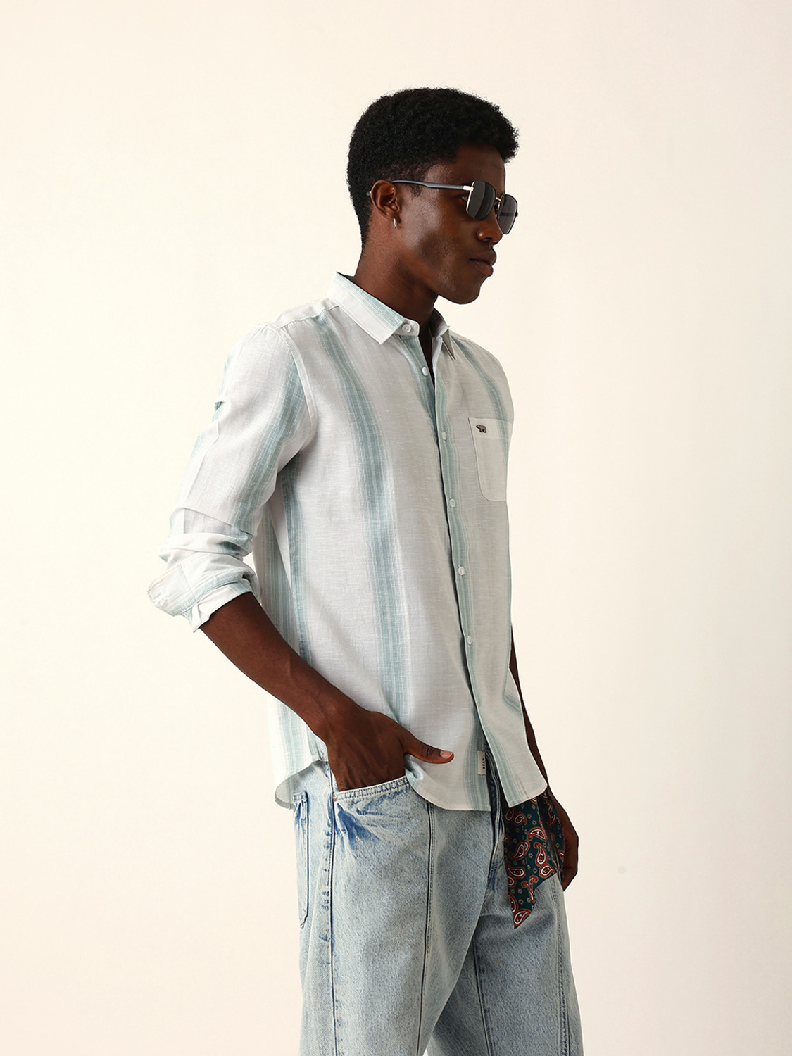 Image of THE BEAR HOUSE Men Striped Casual Green Shirt