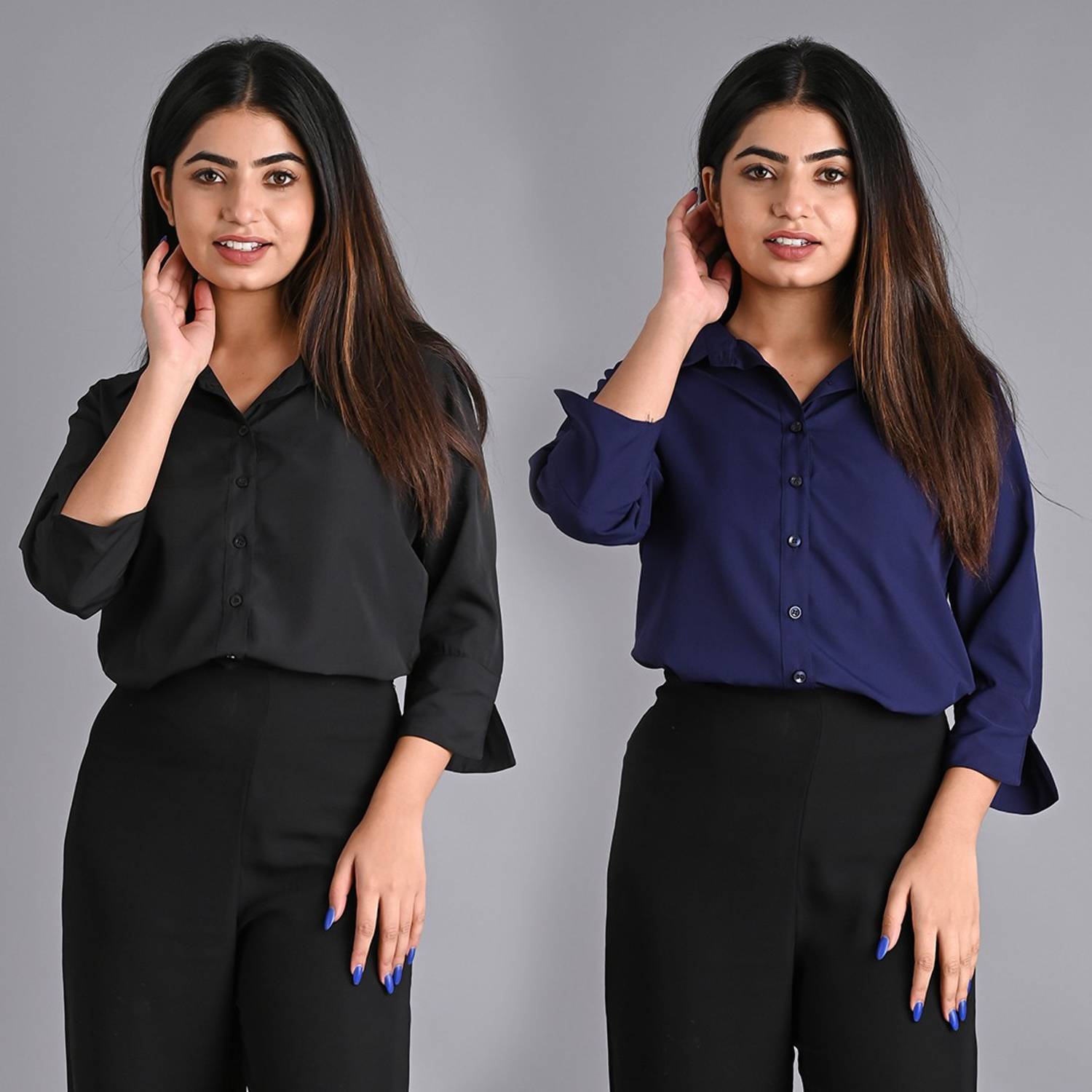 La Ropa Women Solid Casual Black, Blue Shirt