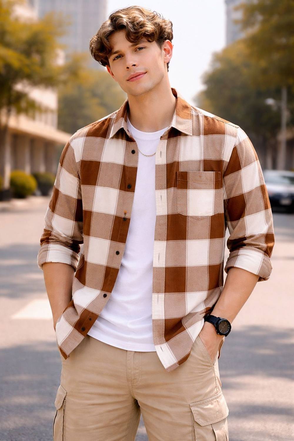 FalconWear Men Checkered Casual Brown, White Shirt - Image 3