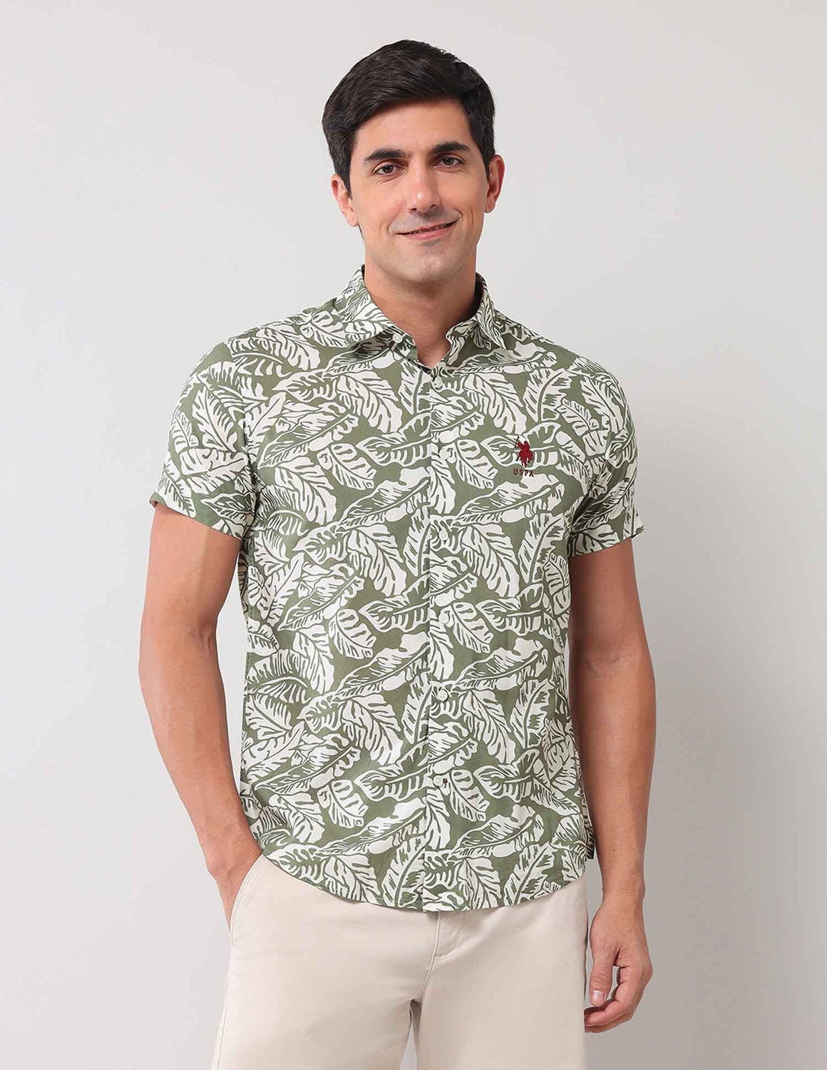 Image of U.S. POLO ASSN. Men Floral Print Casual Green Shirt