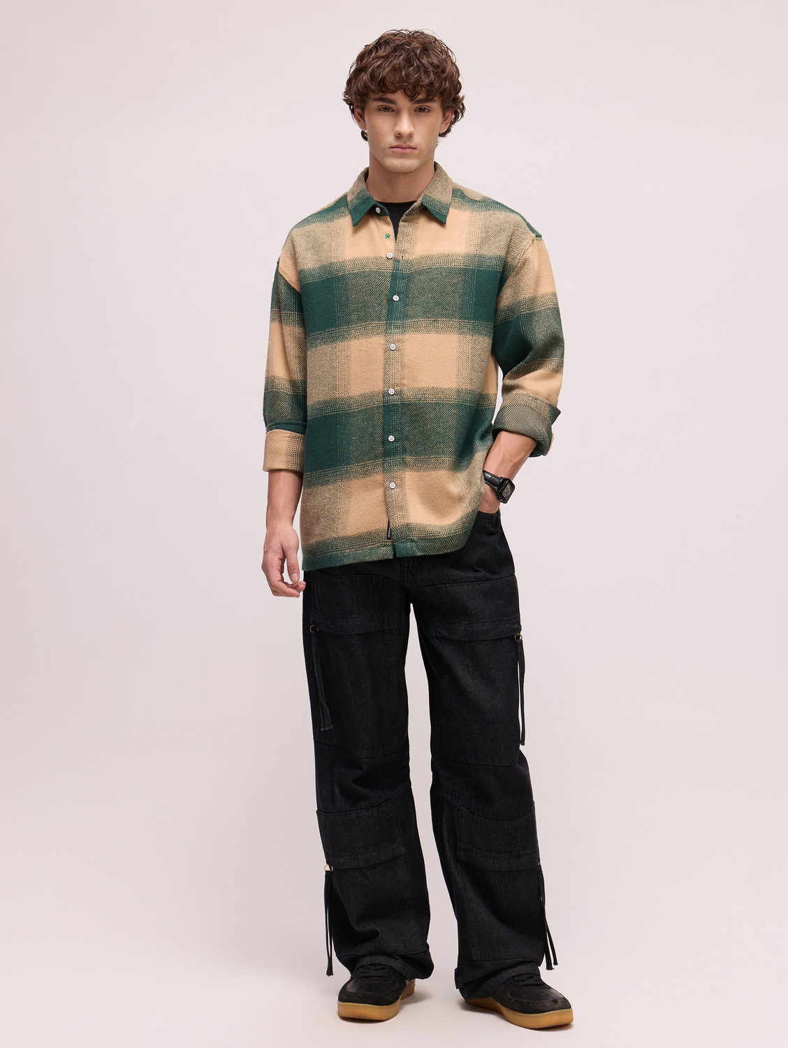 Image of CAHOOT Men Oversized Fit Checkered Spread Collar Casual Shirt