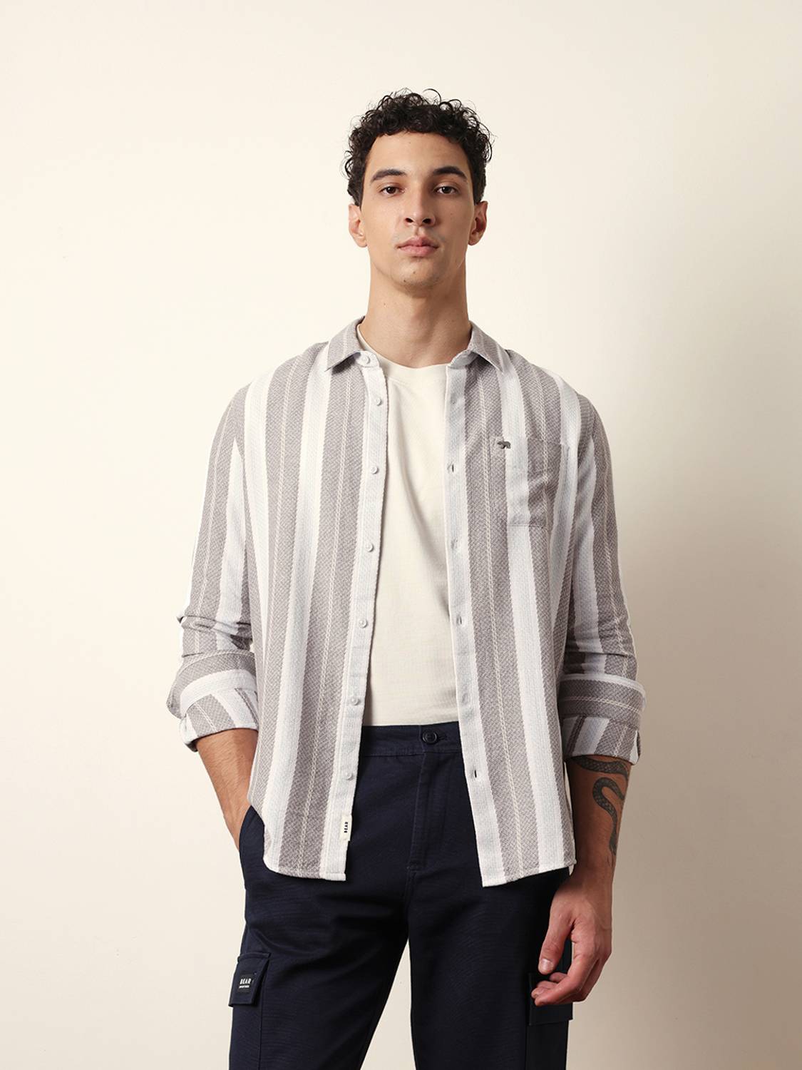 THE BEAR HOUSE Men Striped Casual White, Beige Shirt