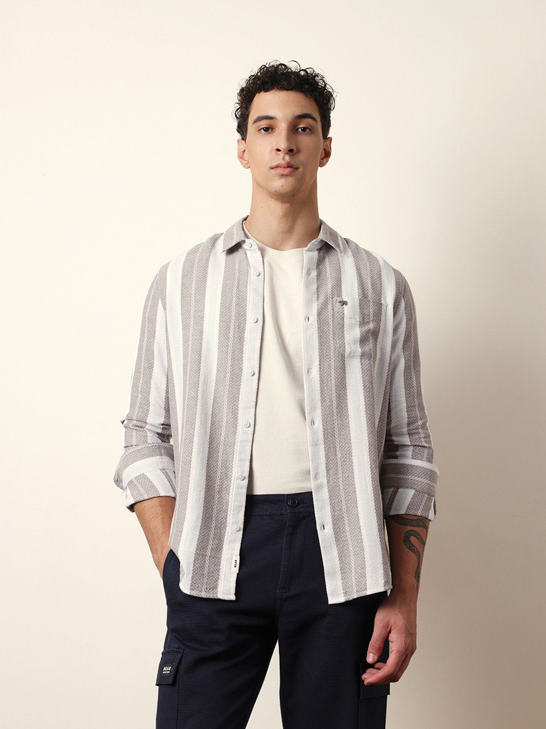 Image of THE BEAR HOUSE Men Striped Casual Grey Shirt
