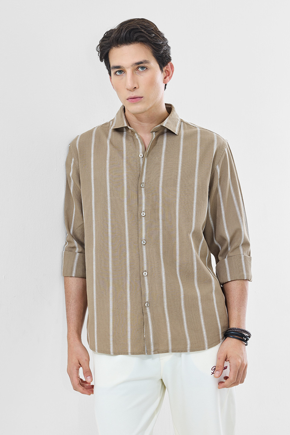 Image of Snitch Men Striped Casual Beige, Brown Shirt