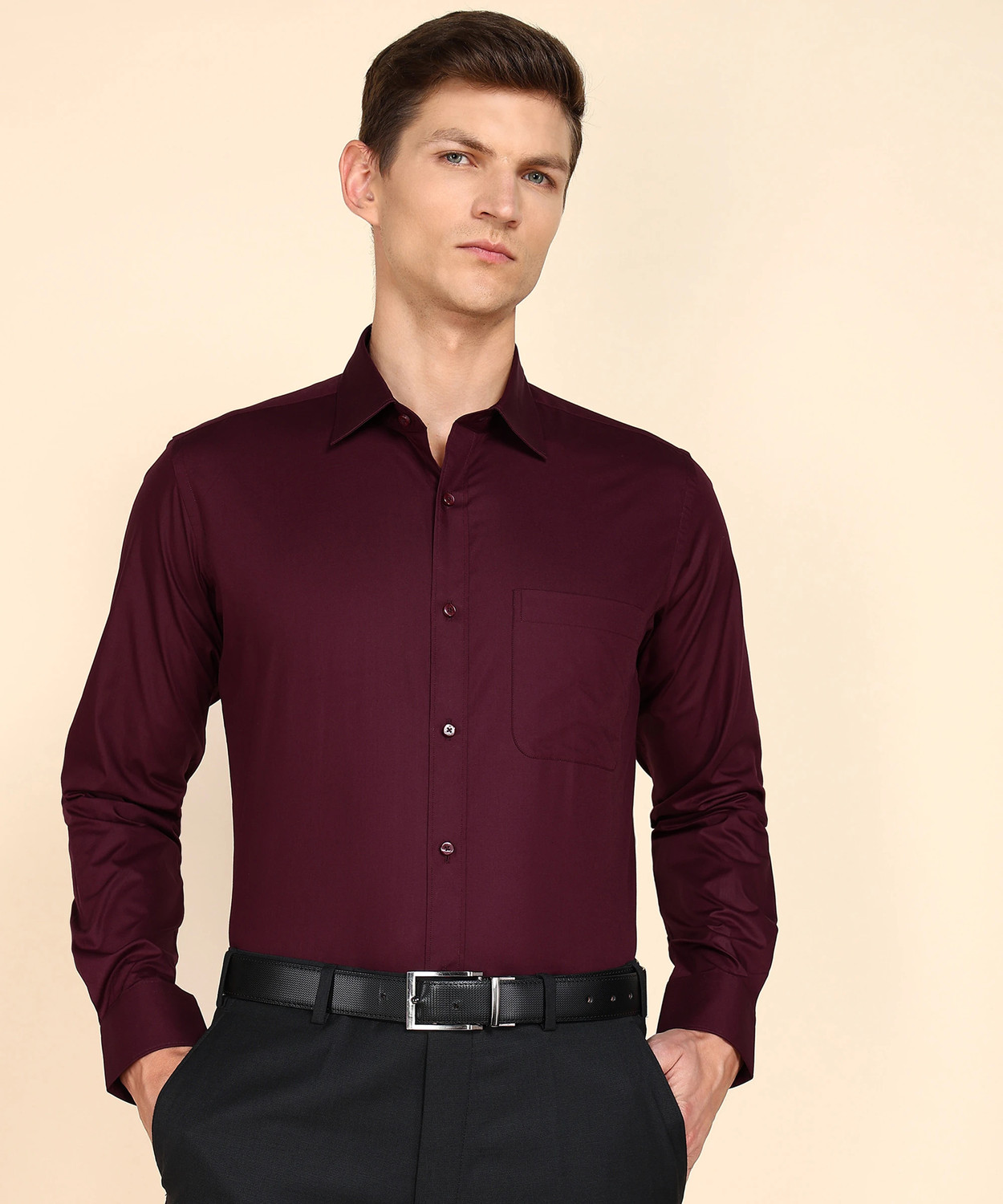 Image of Raymond Men Solid Formal Maroon Shirt