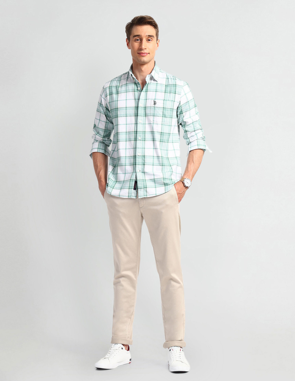 Image of U.S. POLO ASSN. Men Checkered Casual Green, White Shirt