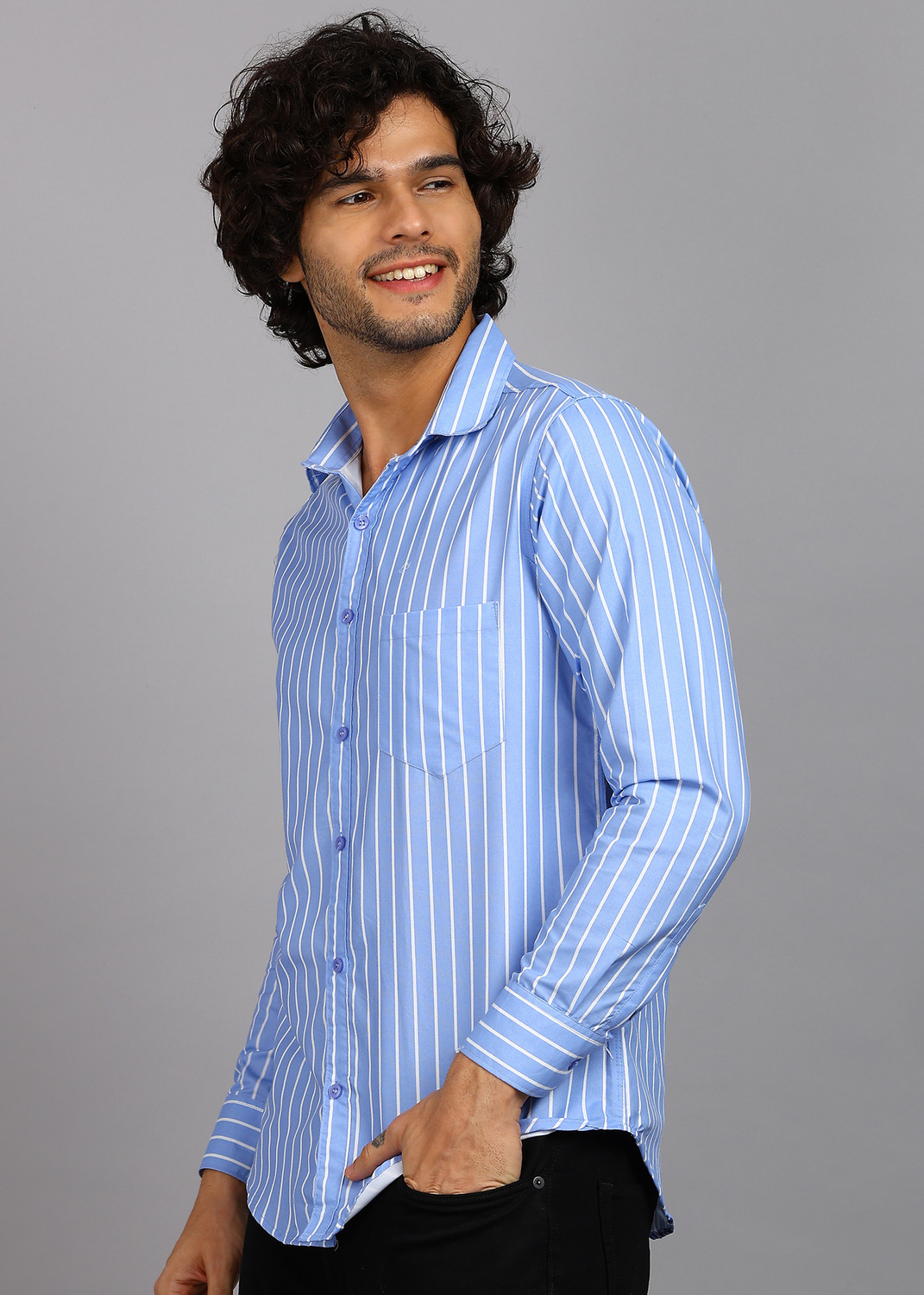 Image of RODEIZ Men Striped Casual Blue Shirt