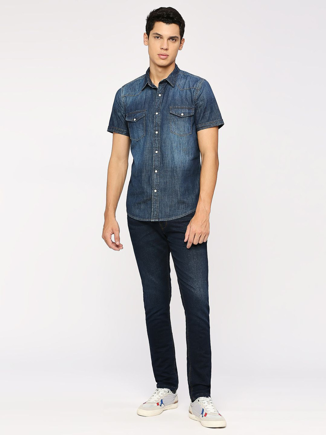 Image of Pepe Jeans Men Washed Casual Blue Shirt