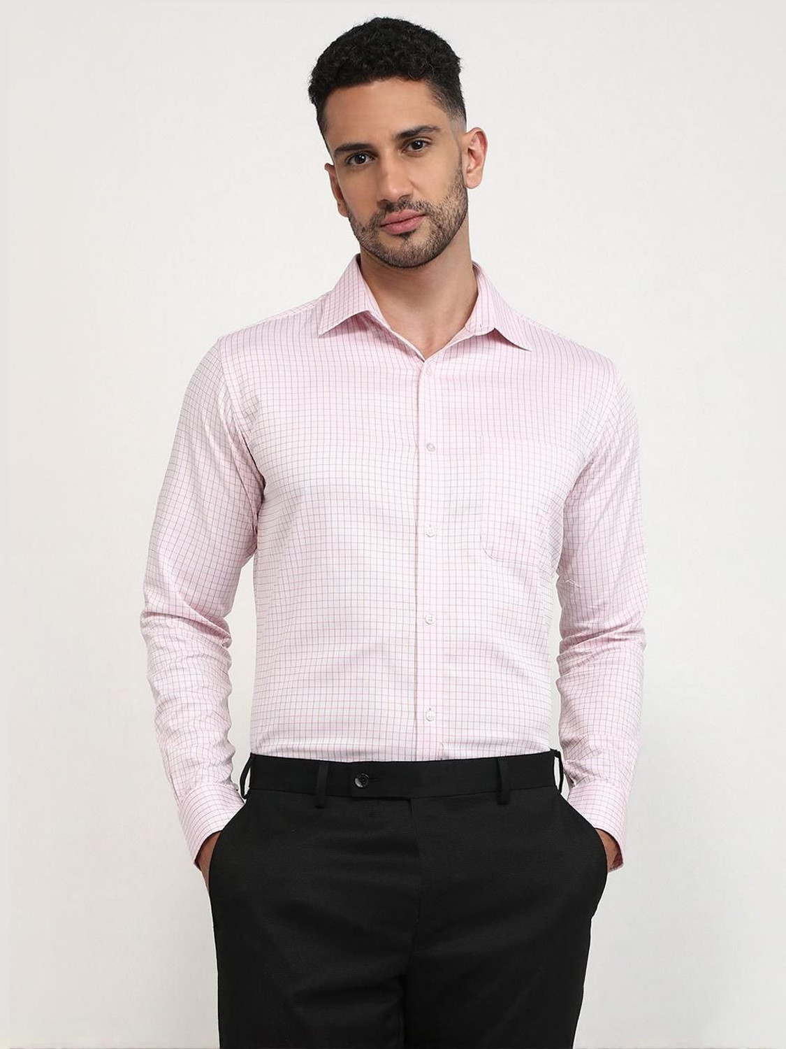 Image of Raymond Men Checkered Formal Pink Shirt