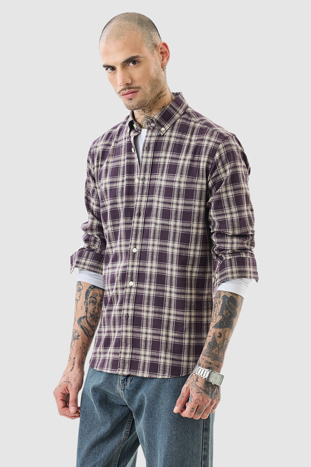Image of Snitch Men Checkered Casual Purple Shirt