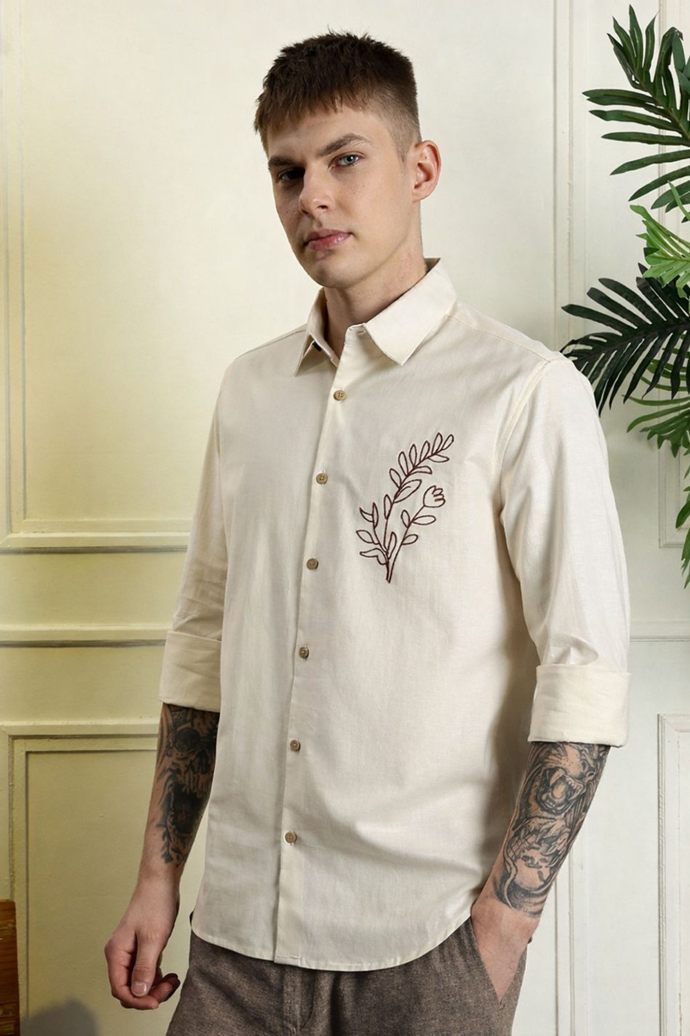 Image of COMBRAIDED Men Slim Fit Embroidered Spread Collar Formal Shirt