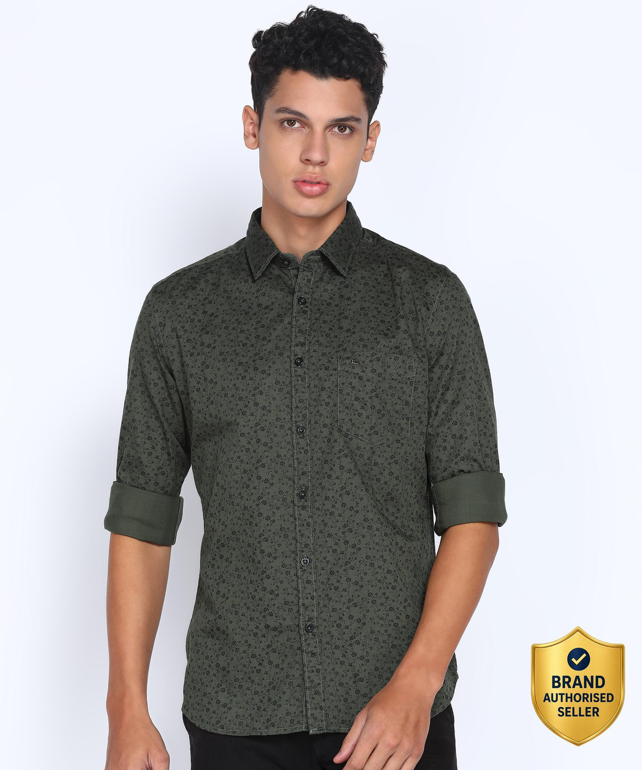 Image of PARX Men Floral Print Casual Dark Green Shirt