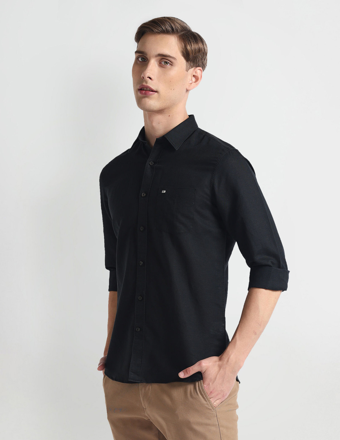 Image of Arrow Sport Men Solid Casual Black Shirt