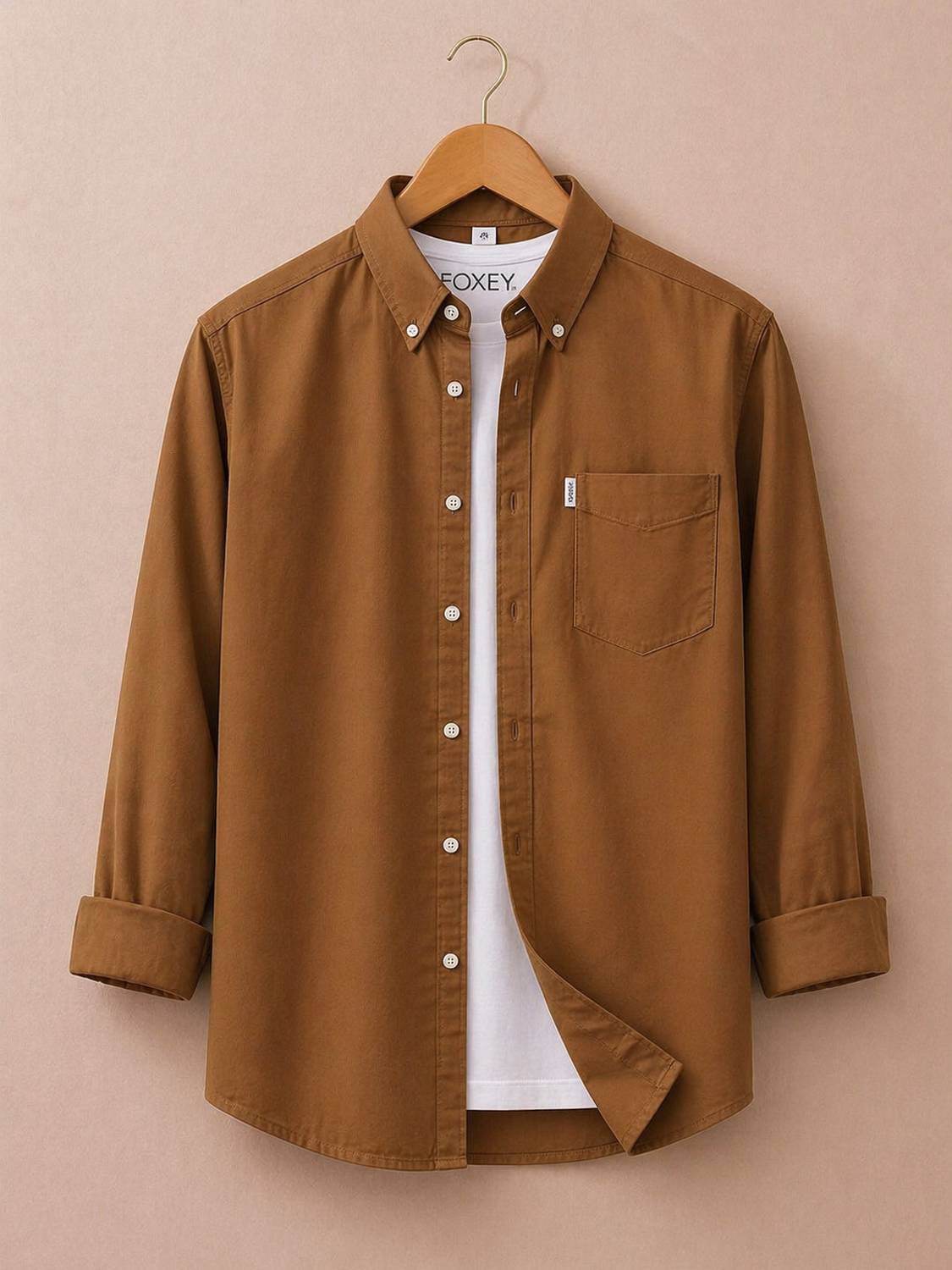FOXEY Men Solid Casual Brown Shirt - Image 1
