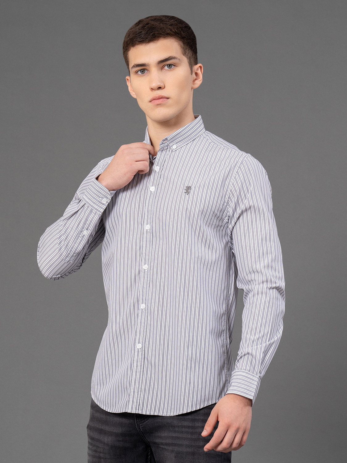 Image of RED TAPE Men Striped Casual Grey Shirt
