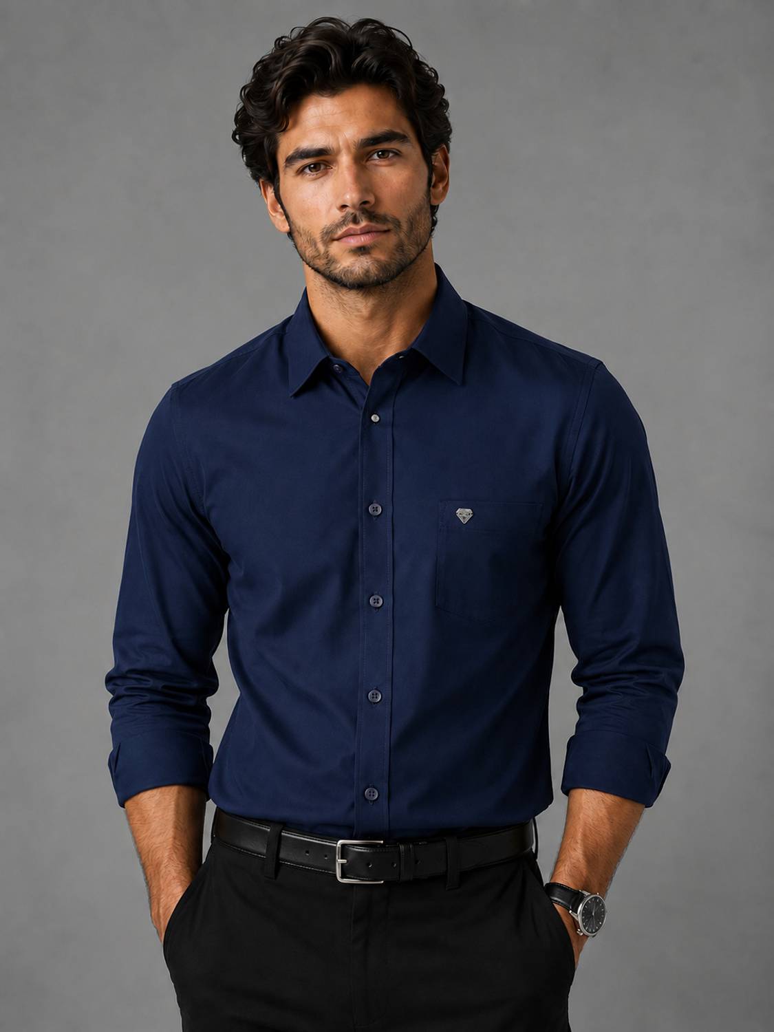 AKhubgarment Men Solid Casual Dark Blue Shirt