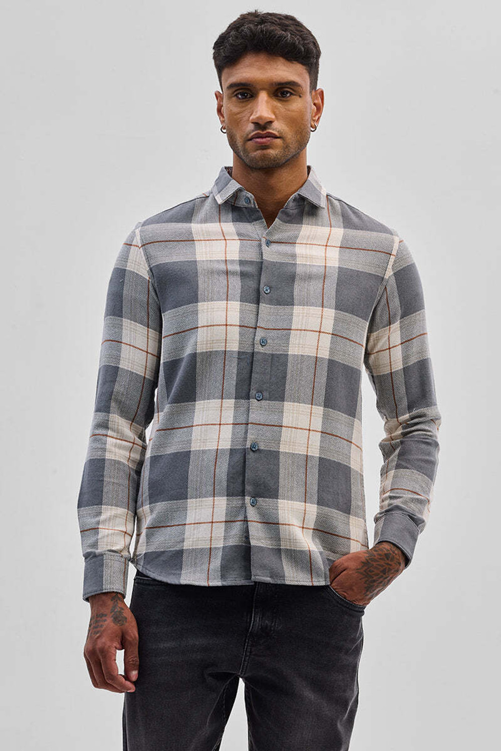 Image of Snitch Men Checkered Casual Grey Shirt
