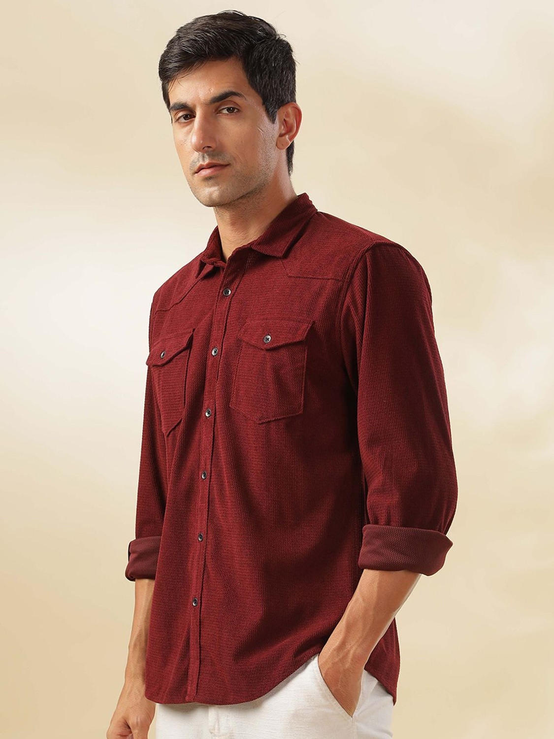 Image of HERE&NOW Men Solid Casual Maroon Shirt