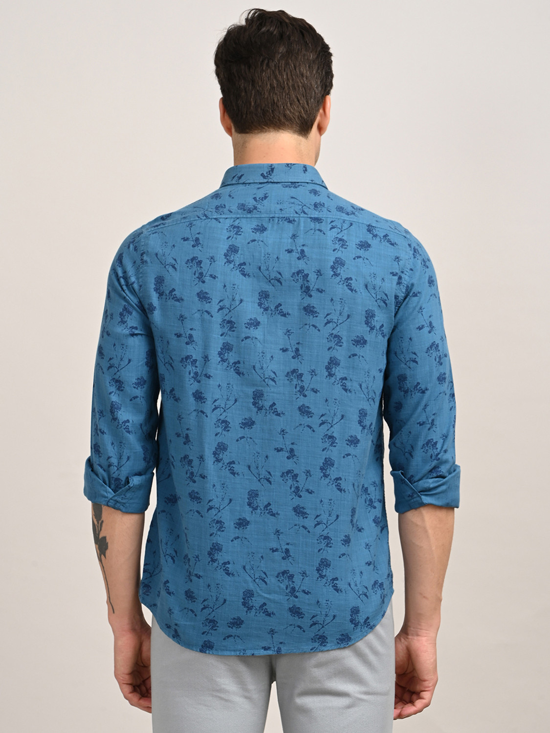 Image of TURTLE Men Floral Print Casual Blue Shirt