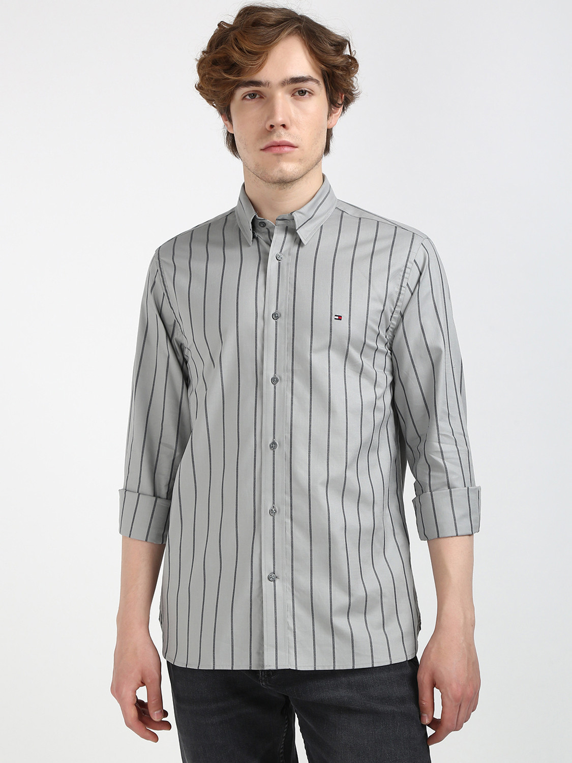 Image of TOMMY HILFIGER Men Striped Casual Grey Shirt