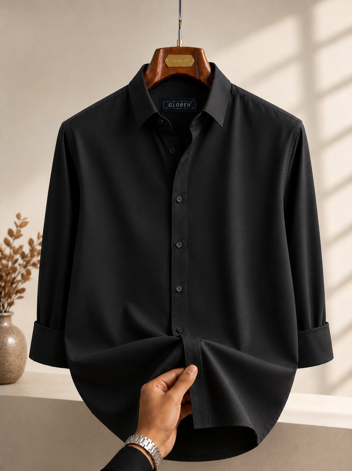 Image of GLOREN Men Solid Casual Black Shirt