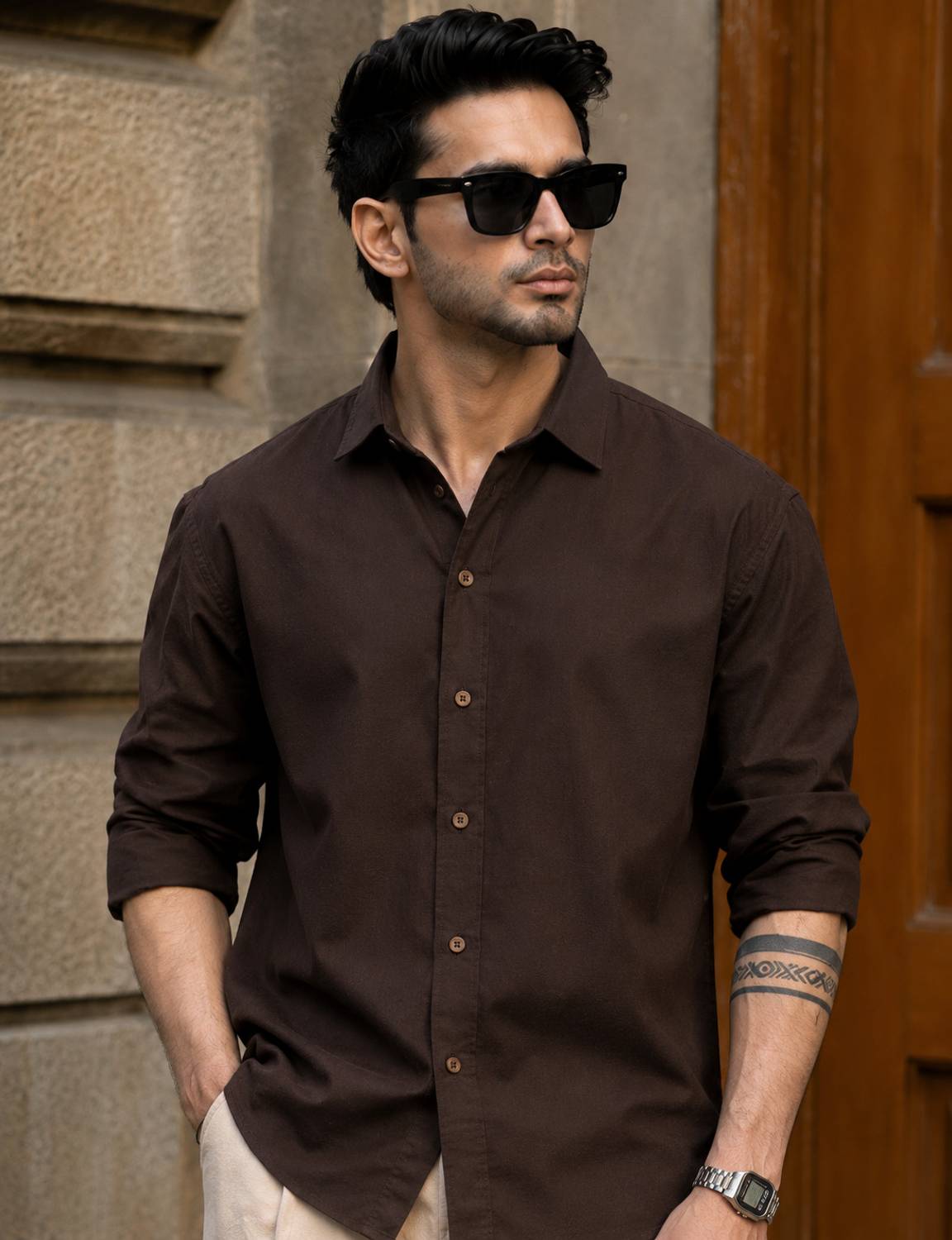 BROCON Men Solid Casual Brown Shirt - Image 1