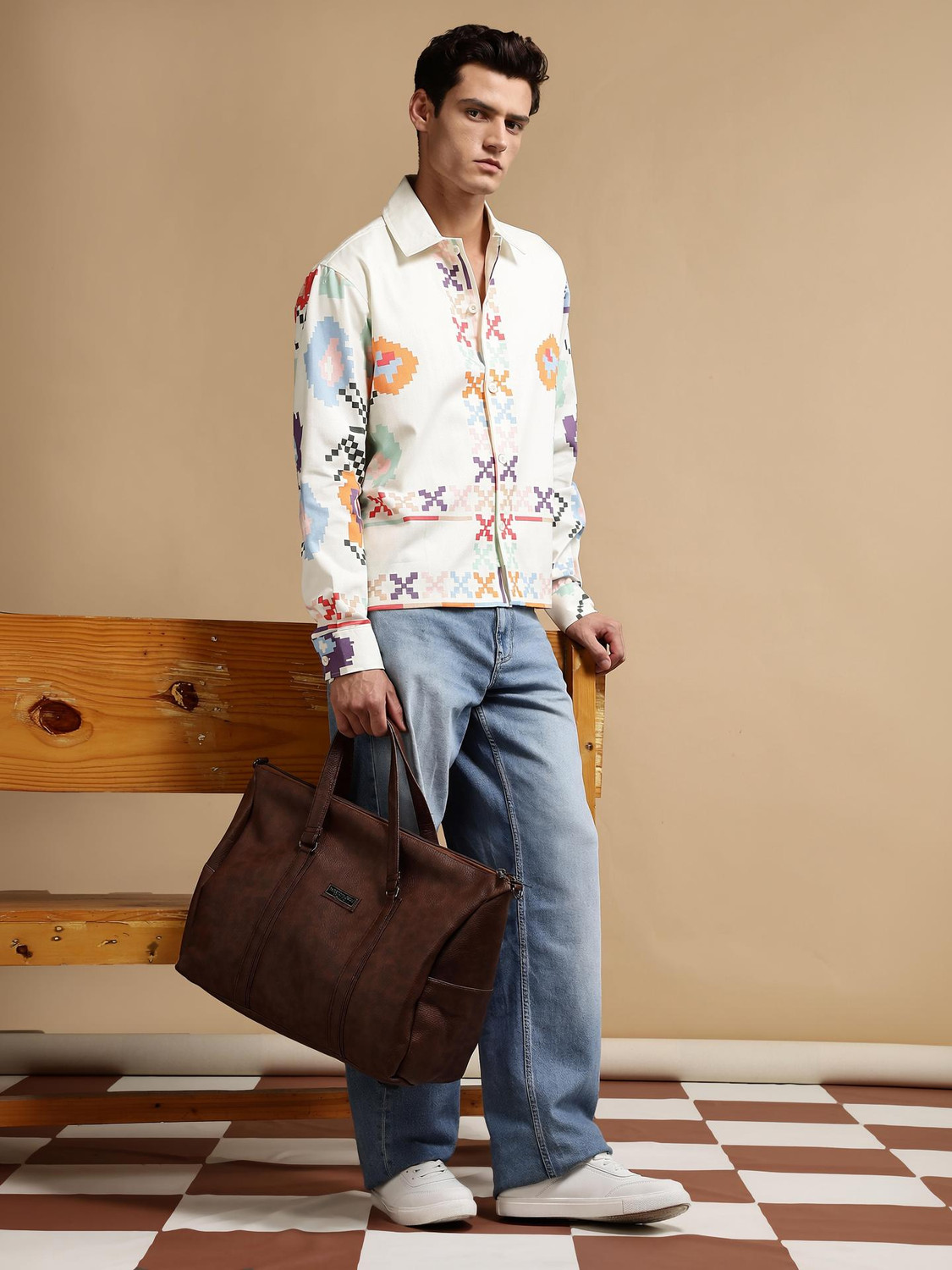Image of Eszett Men Printed Casual Cream Shirt