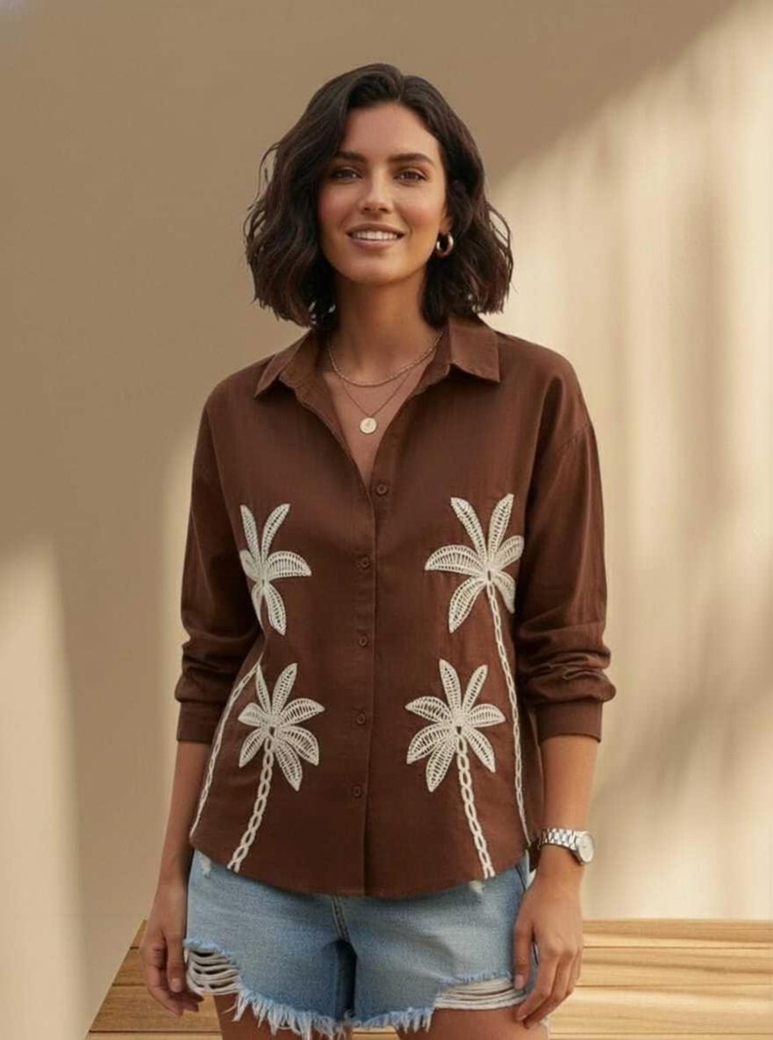 TB COLLECTION Women Embroidered Casual Brown Shirt