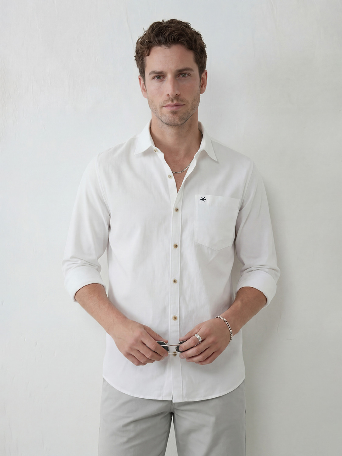Image of WROGN Men Solid Casual White Shirt