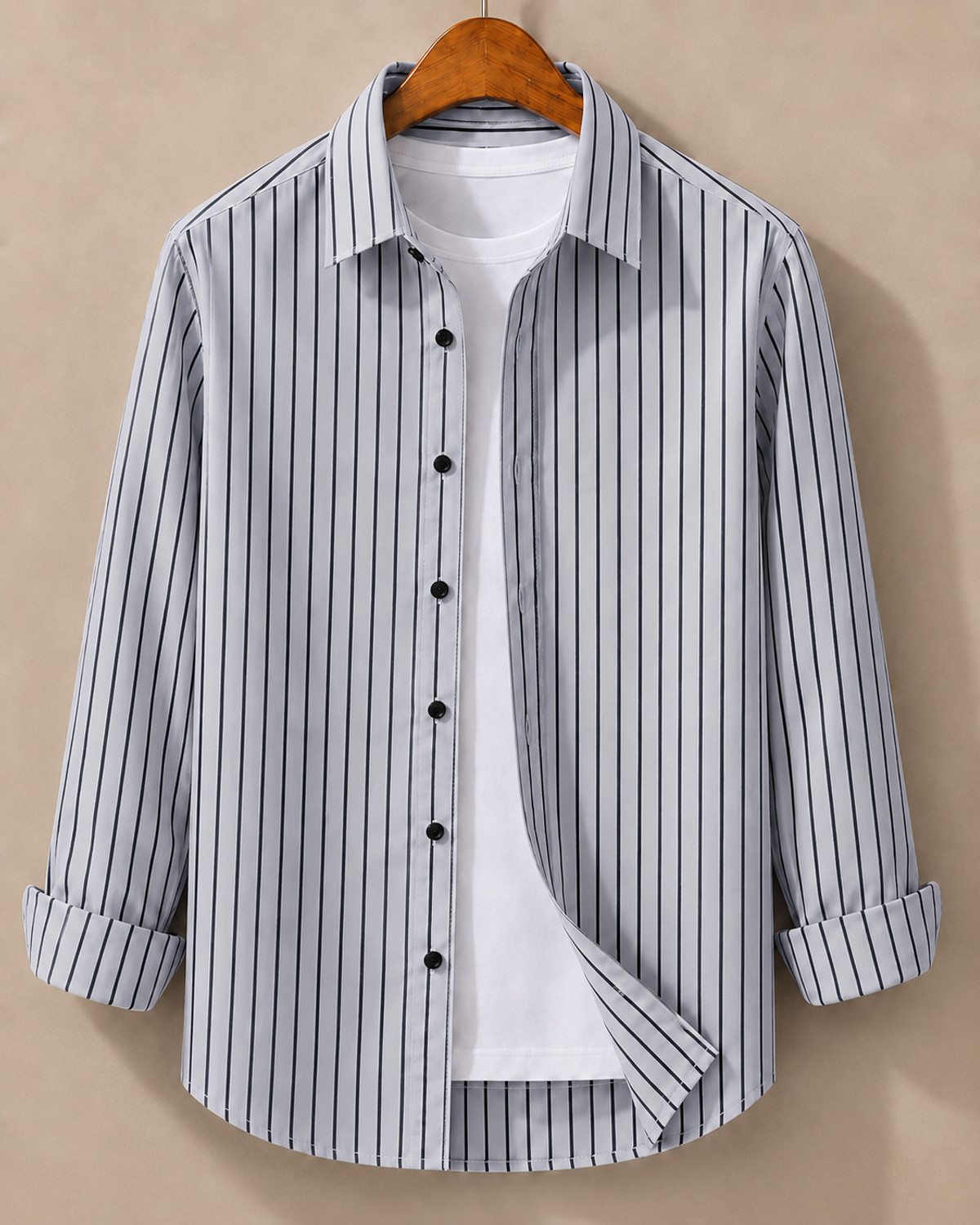 Image of JACKBELLA Men Striped Casual Grey Shirt
