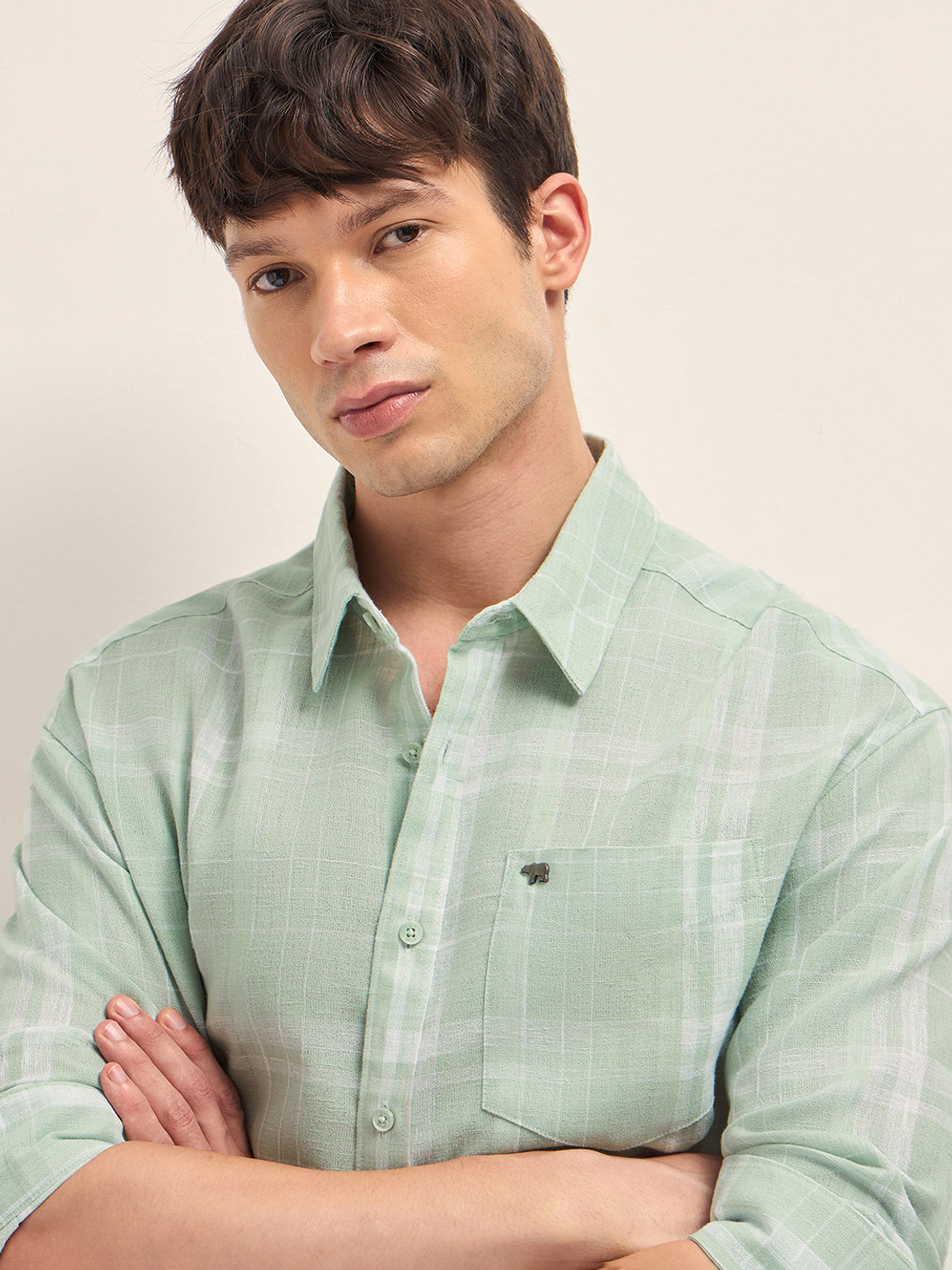 Image of THE BEAR HOUSE Men Checkered Casual Green Shirt