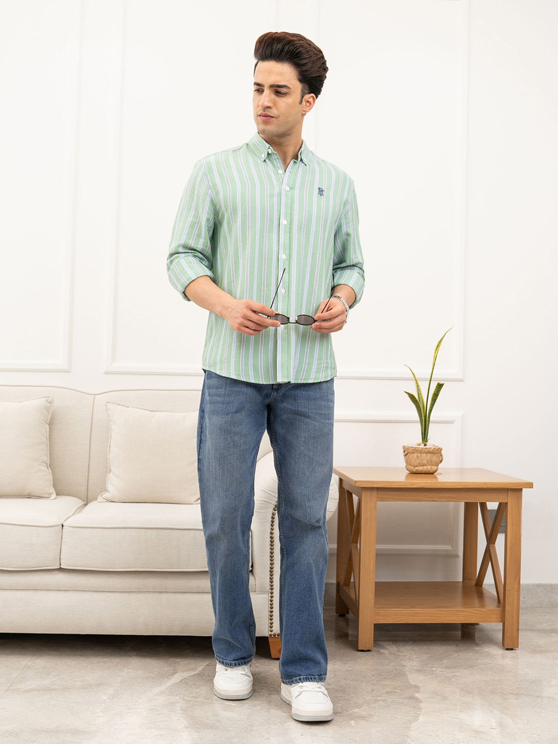 Image of RED TAPE Men Striped Casual Green Shirt