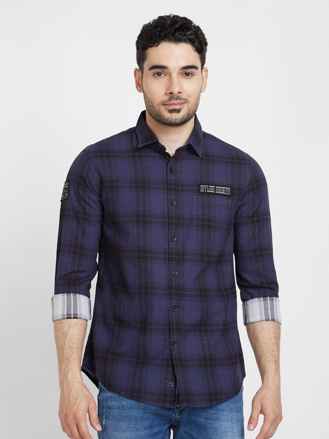 Image of Spykar Men Checkered Casual Blue Shirt
