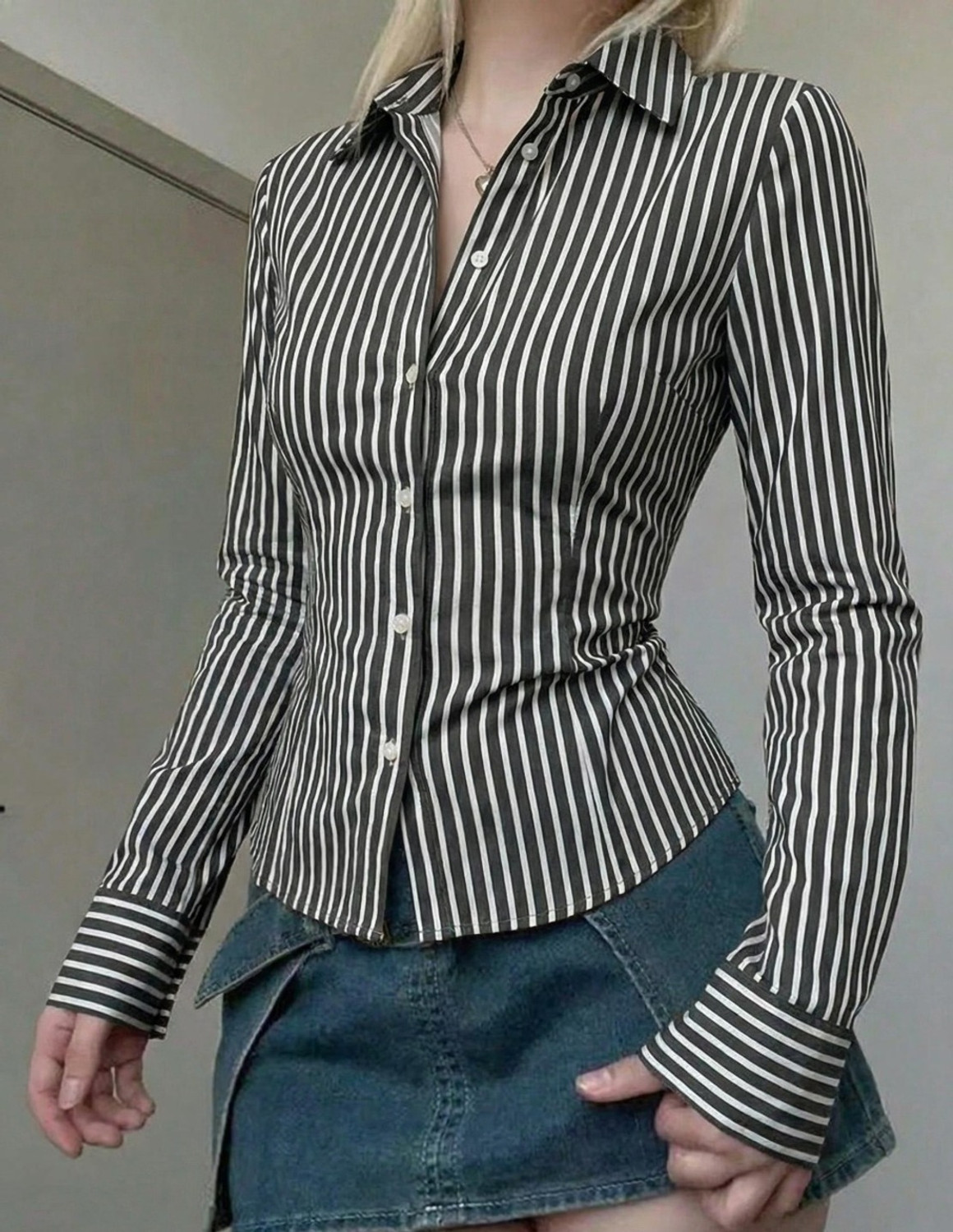 Image of PERFECT PRODUCTIONS Women Striped Formal Grey Shirt