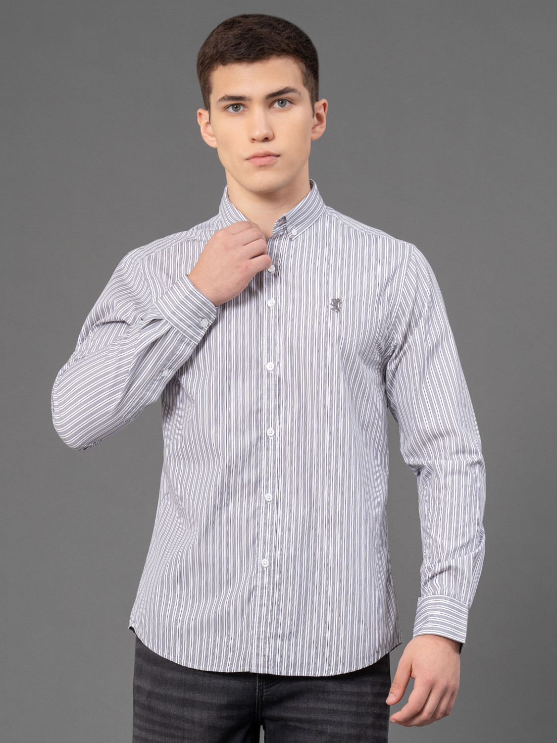 Image of RED TAPE Men Striped Casual Grey Shirt