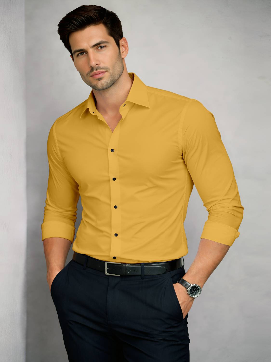 AARKENNA CO Men Solid Formal Yellow Shirt