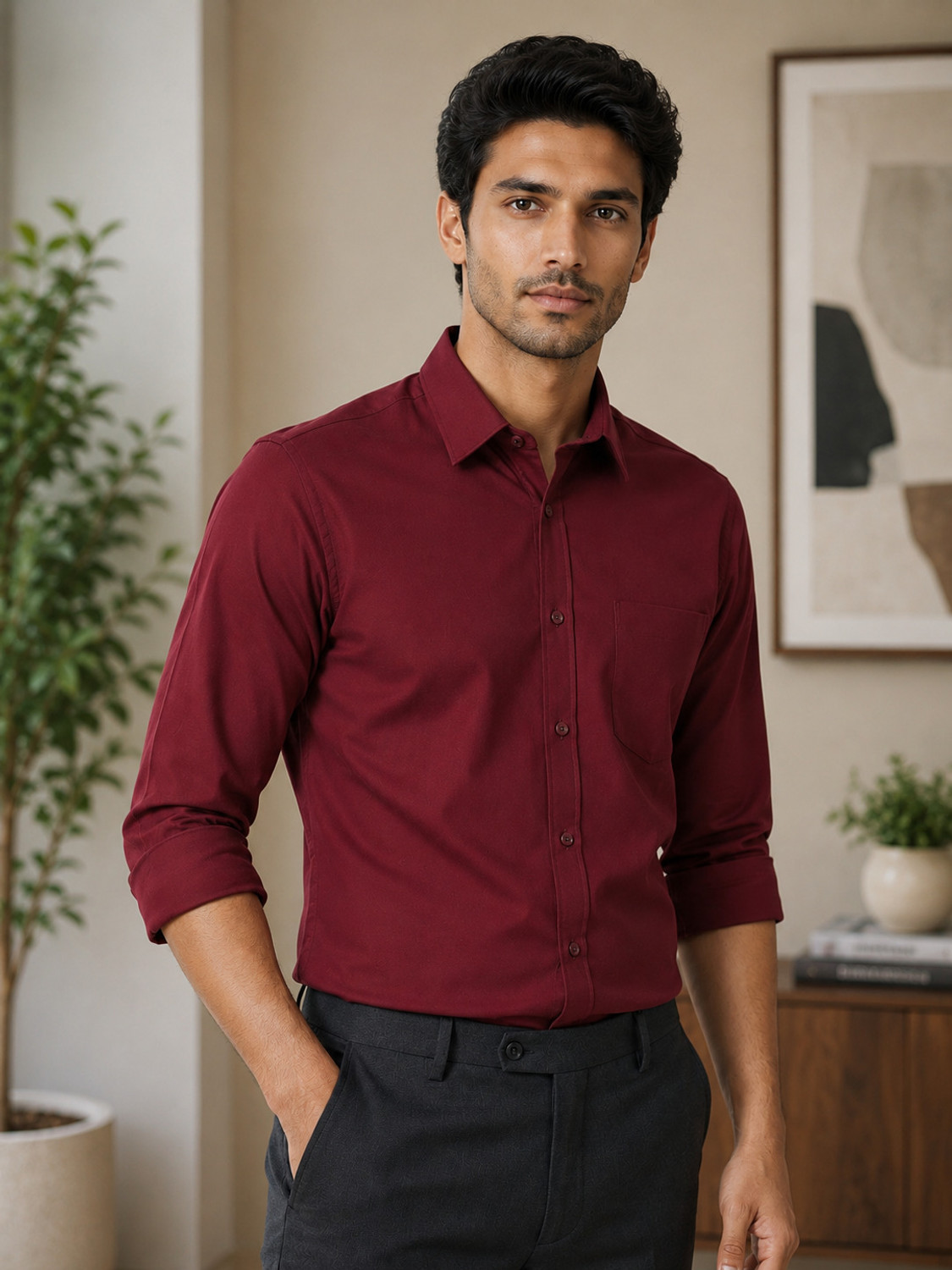Image of FUBAR Men Solid Casual Maroon Shirt