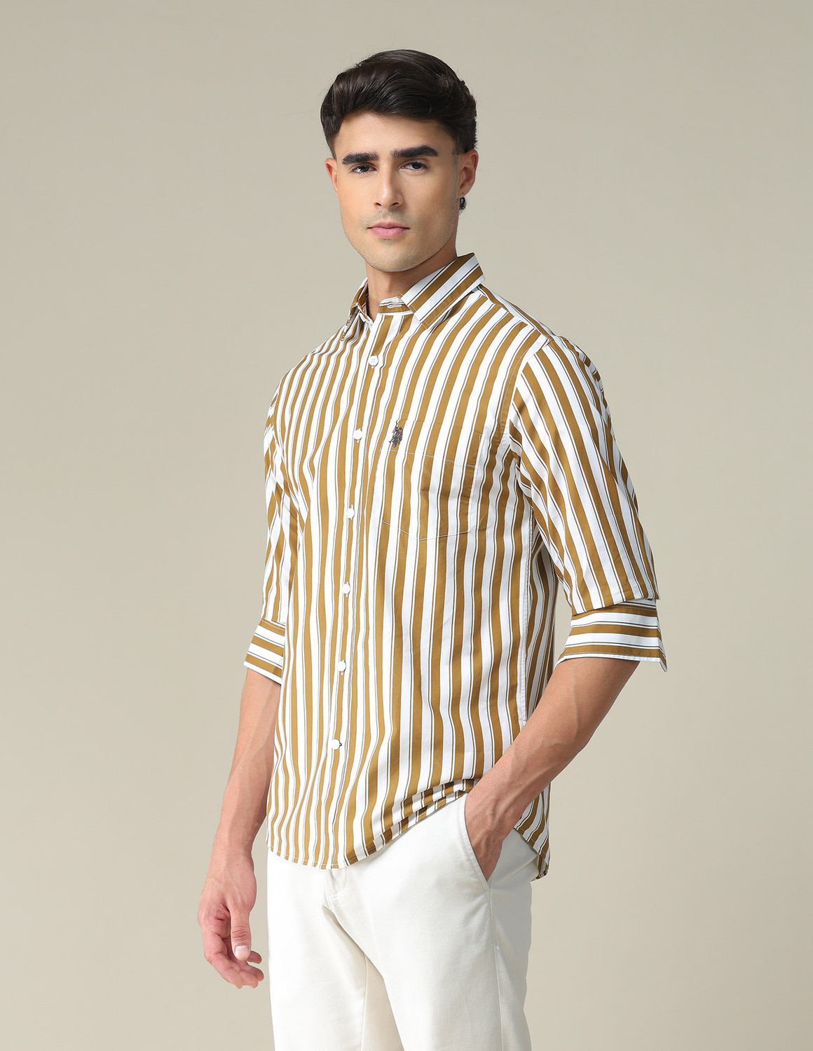 Image of U.S. POLO ASSN. Men Striped Casual Yellow Shirt