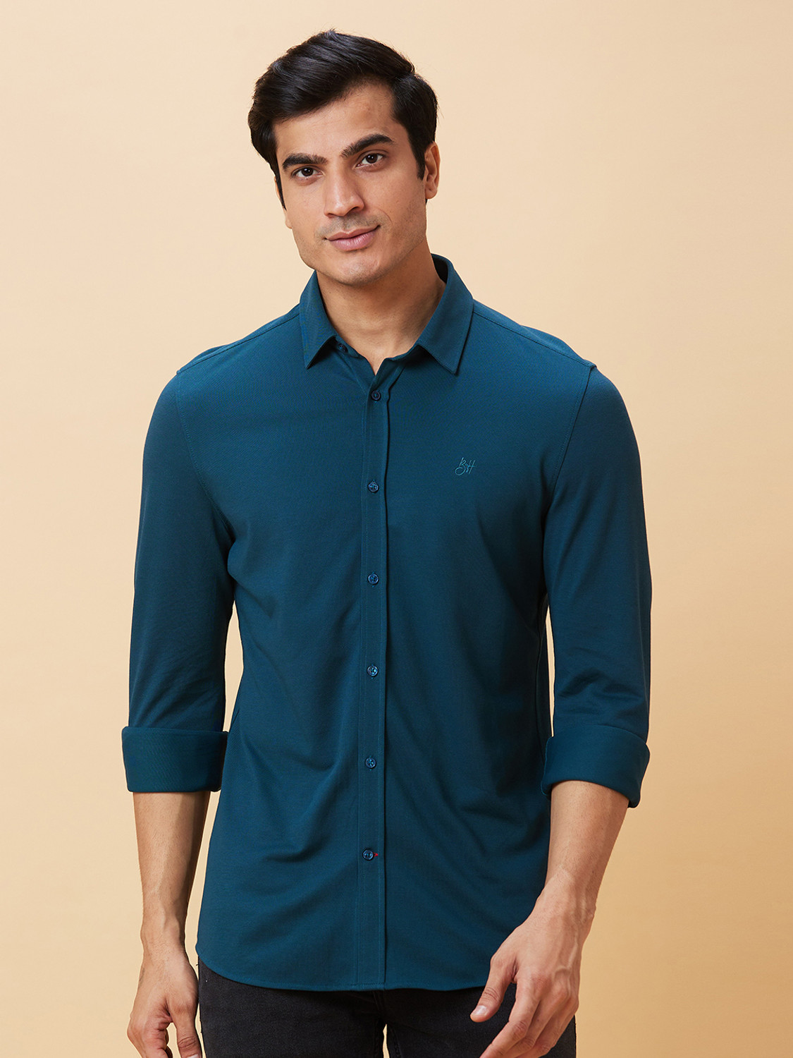 Image of BEING HUMAN Men Solid Casual Dark Blue Shirt