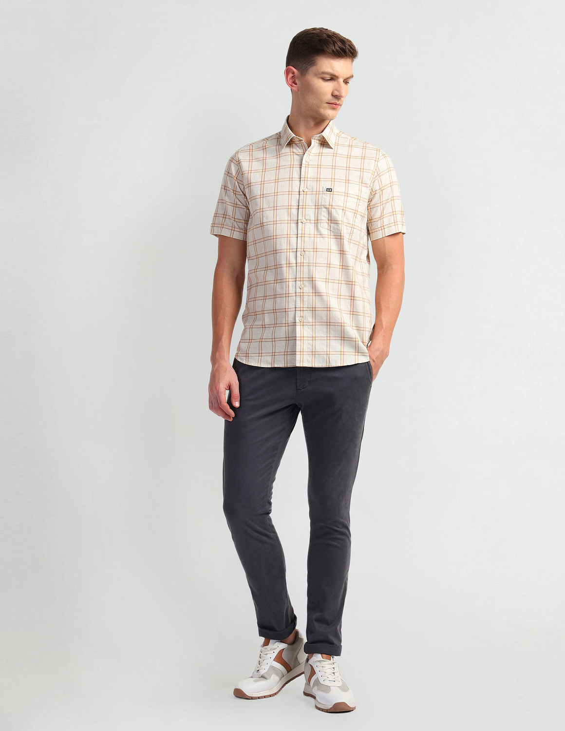 Image of Arrow Sport Men Checkered Casual Orange, White Shirt