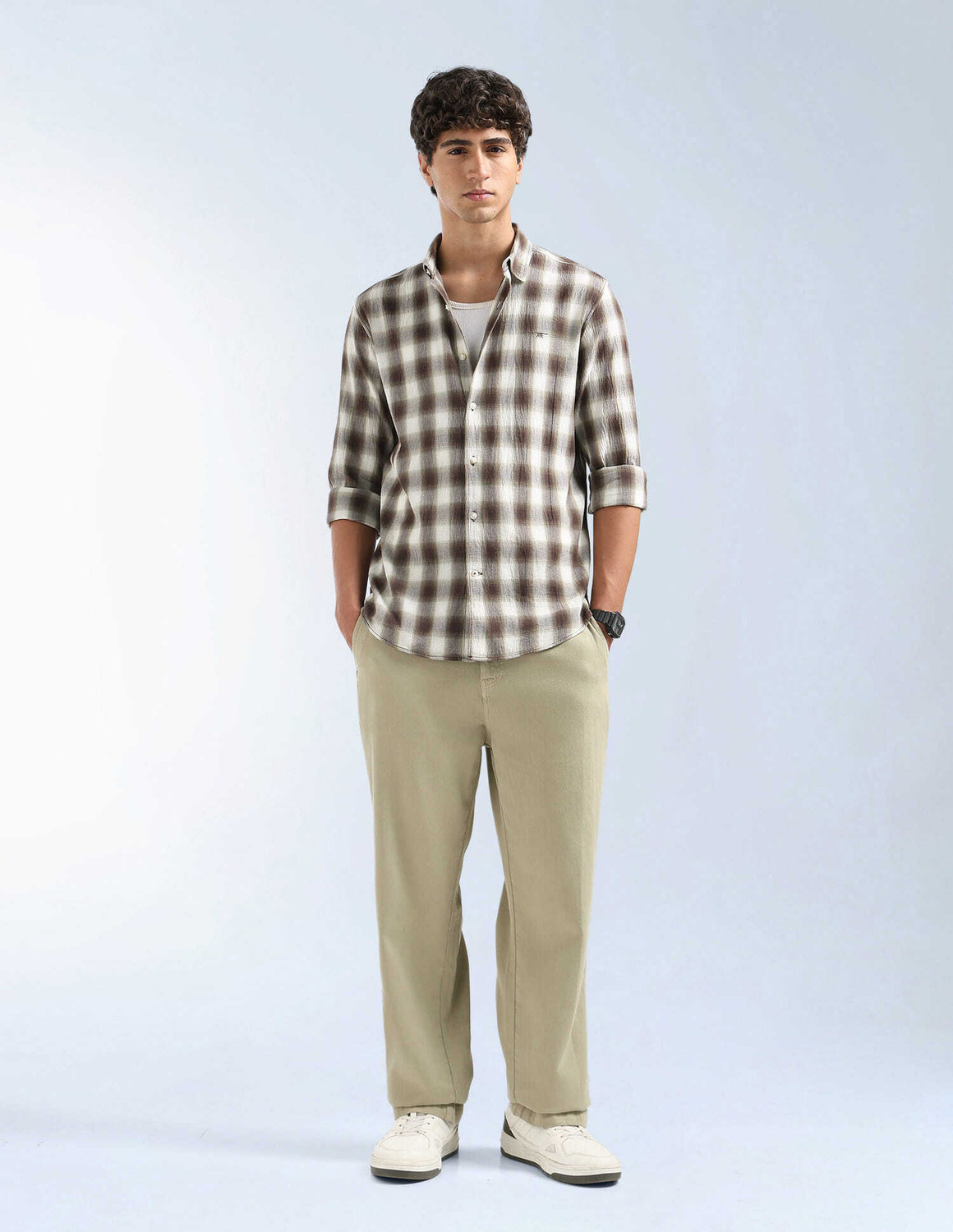 Image of FLYING MACHINE Men Checkered Casual Brown Shirt