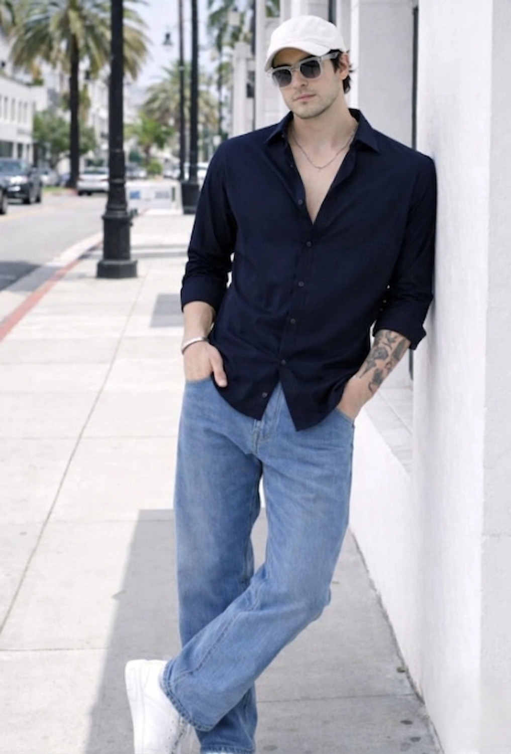 Image of Lycka Men Solid Casual Dark Blue Shirt