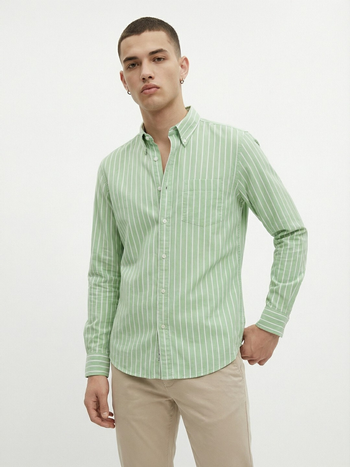 Image of METRONAUT Men Striped Casual Light Green Shirt