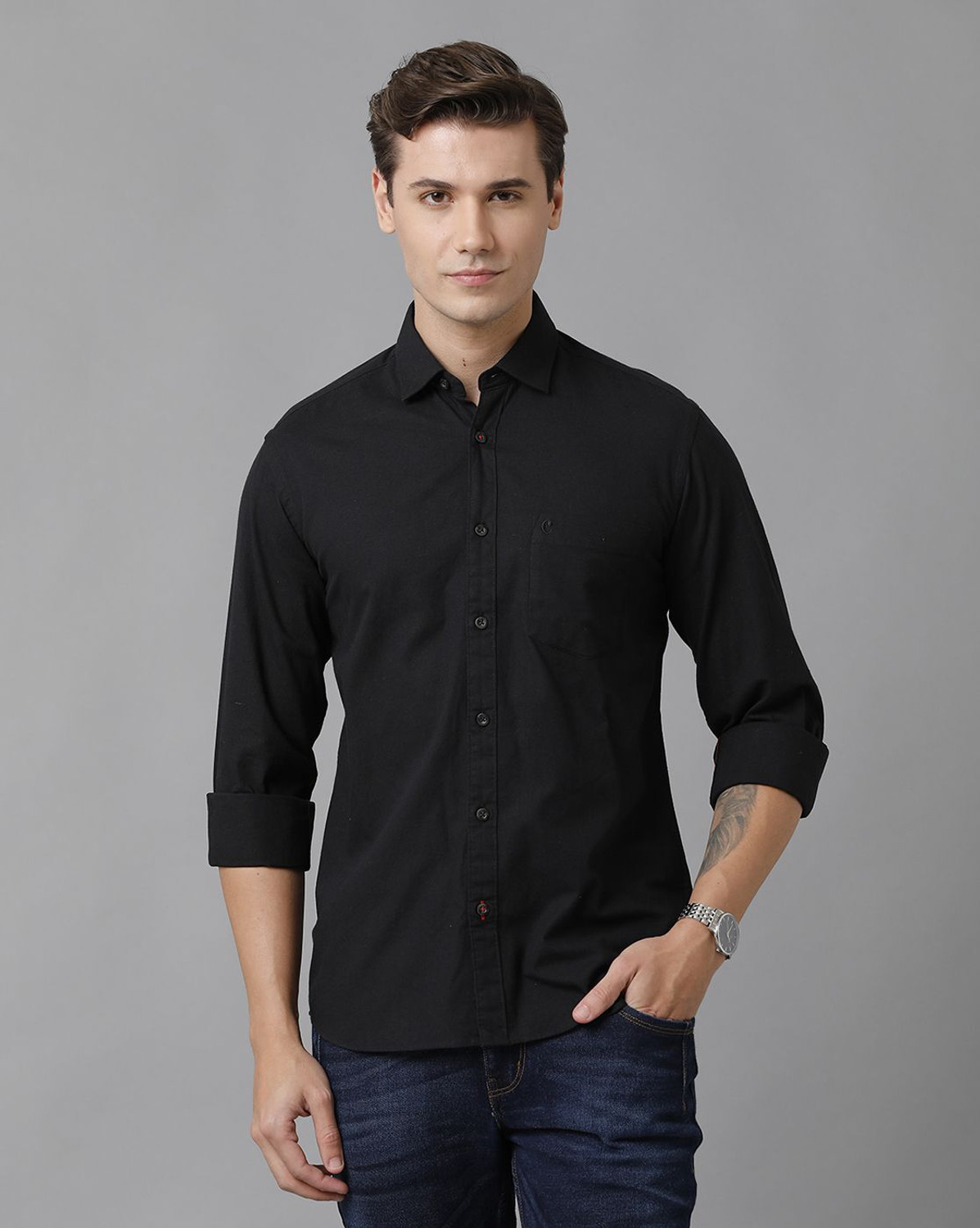 Image of GRANDSTITCH Men Solid Casual Black Shirt