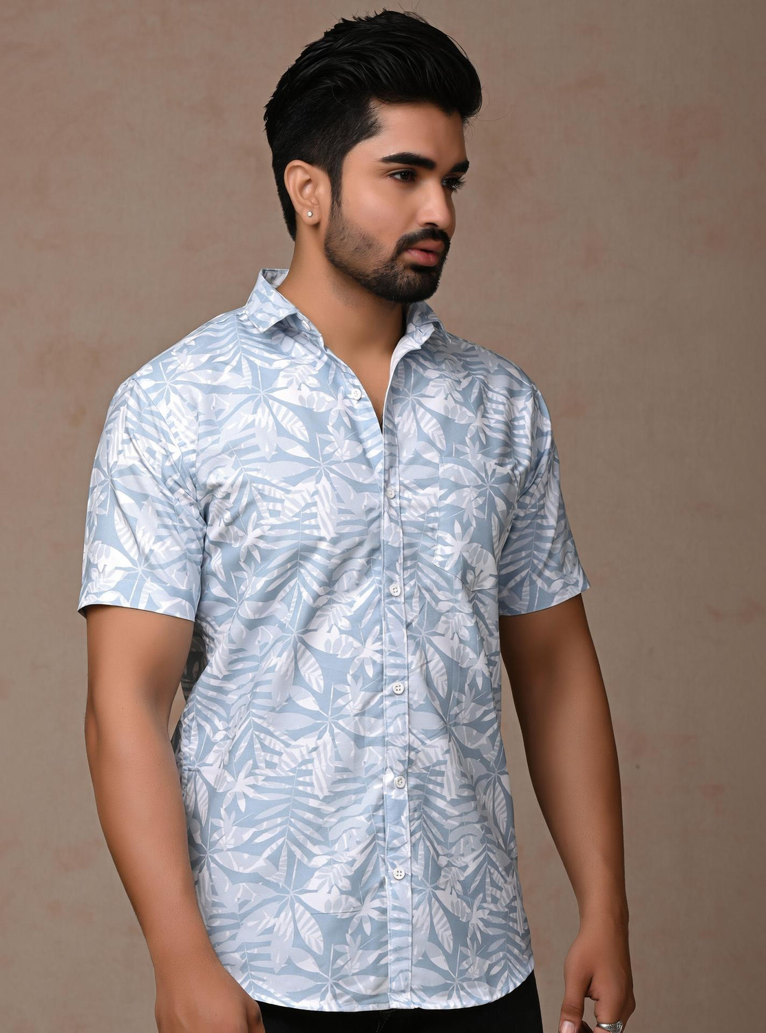 Image of Dargon Men Floral Print Casual Light Blue Shirt