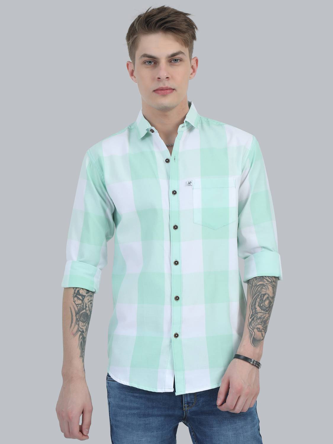 ALLWIN PAUL Men Checkered Casual Green Shirt