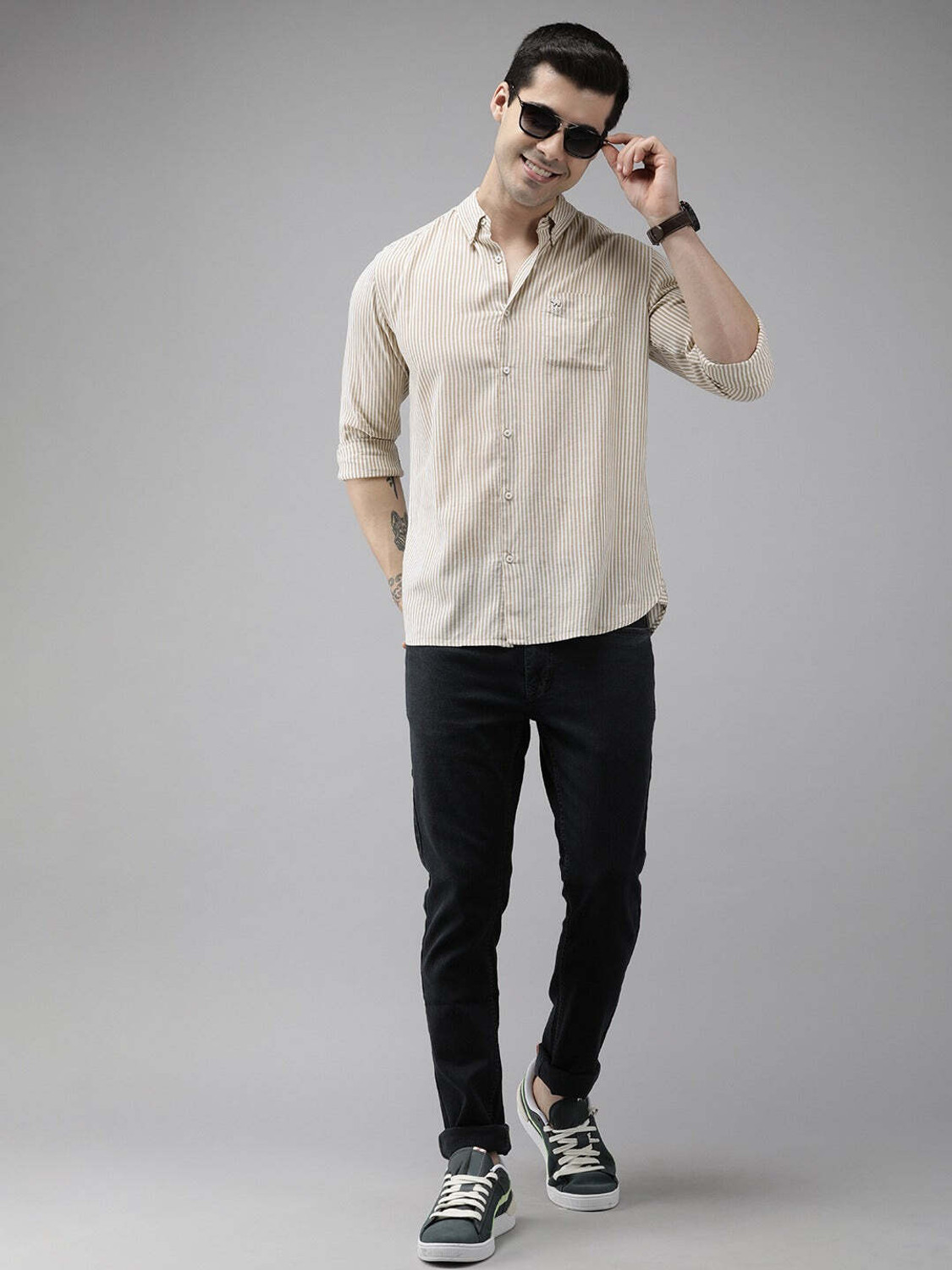 Image of THE BEAR HOUSE Men Striped Casual Beige, White Shirt