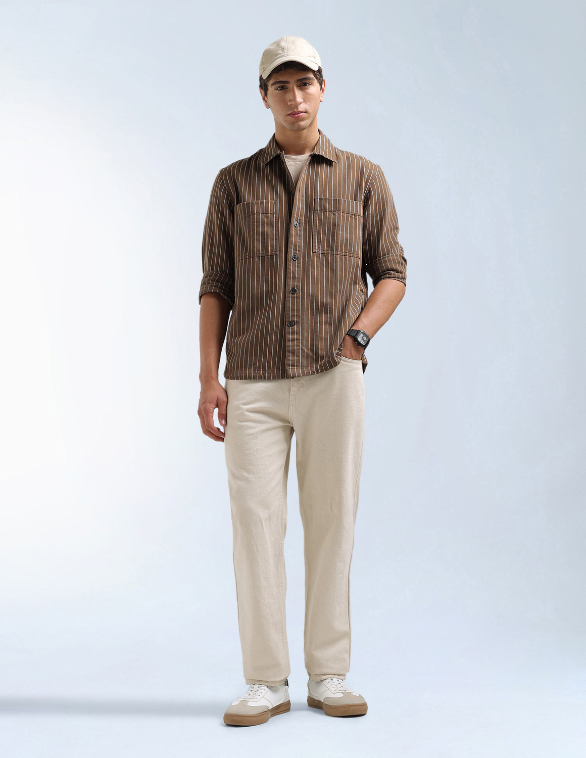 Image of FLYING MACHINE Men Striped Casual Brown Shirt