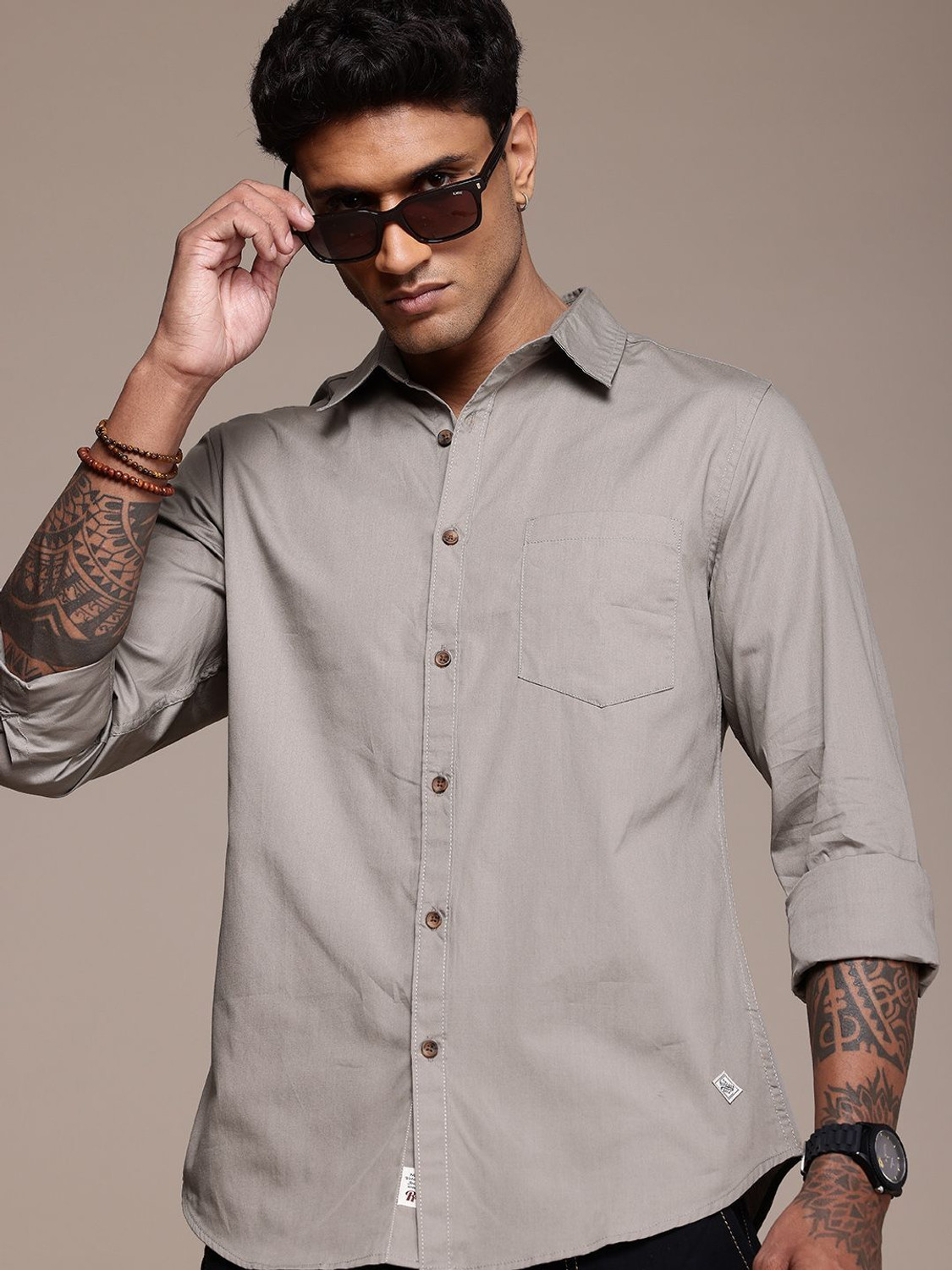 Image of Roadster Men Solid Casual Grey Shirt